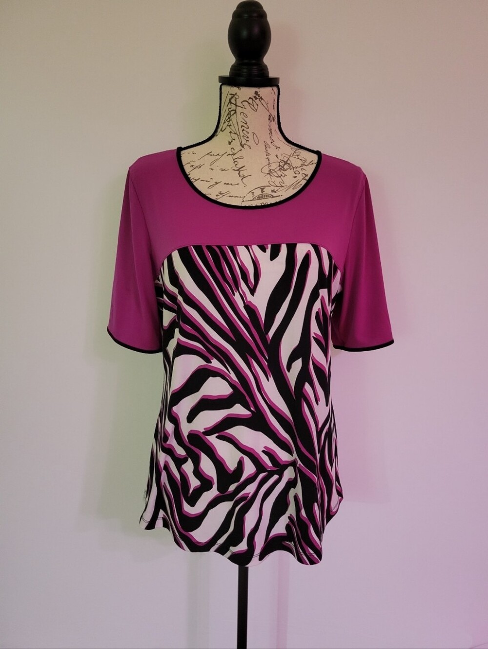 Worthington Vintage Pink Zebra-Print Short Sleeve Top with Black Trim
